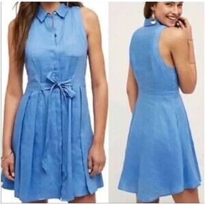 ANTHROPOLOGIE HD in PARIS Blue Linen Mini Shirt Dress US 8 Tie Waist Lined Pleat